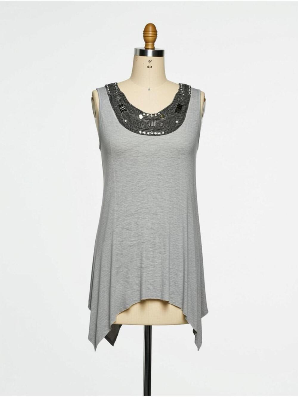 Cache Gray Sleeveless Top with Embellished Neckline, Size M